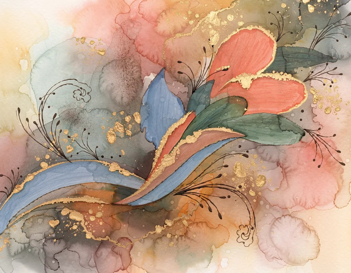 Warm Abandon — Spring Glimmer series, watercolor with gold and silver leaf and ink